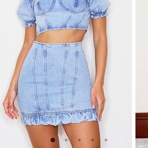 Light blue wash seam detail denim mini skirt